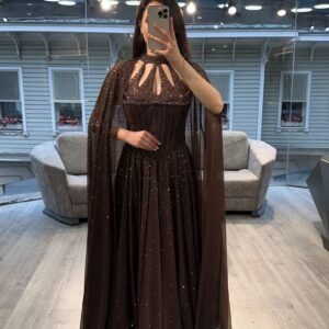 Dark Brown Cut Out Neck Chiffon Evening Gown With Cape