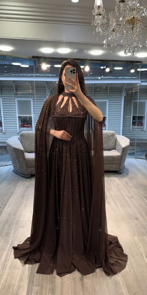 Dark Brown Cut Out Neck Chiffon Evening Gown With Cape