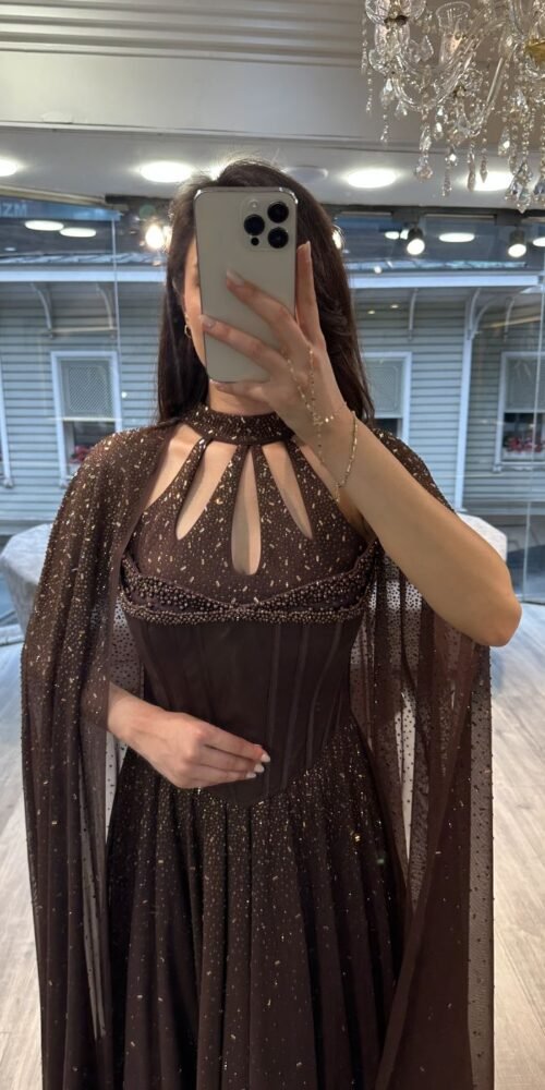 Dark Brown Cut Out Neck Chiffon Evening Gown With Cape