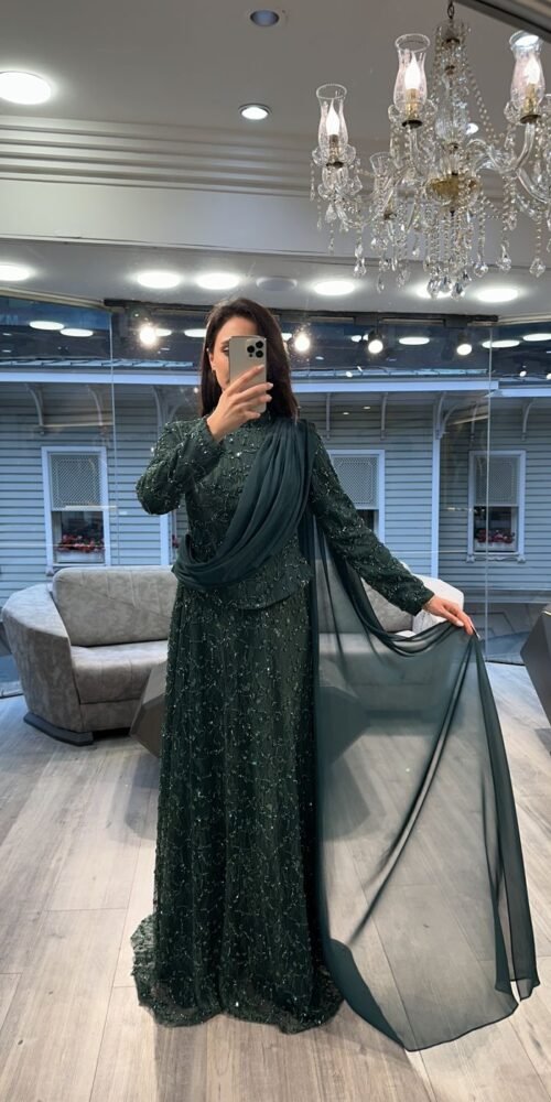 Emerald Green Sequin Long Sleeve Evening Dress With Draped Scarf