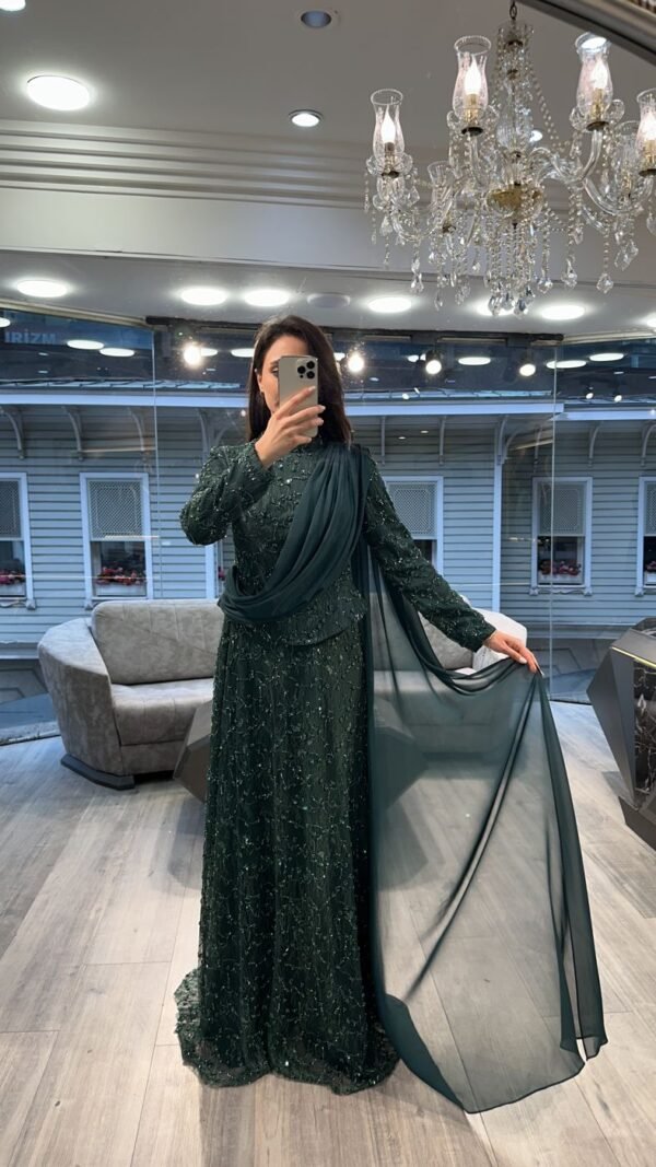 Emerald Green Sequin Long Sleeve Evening Dress With Draped Scarf Emerald Green Sequin Long Sleeve Evening Dress With Draped Scarf