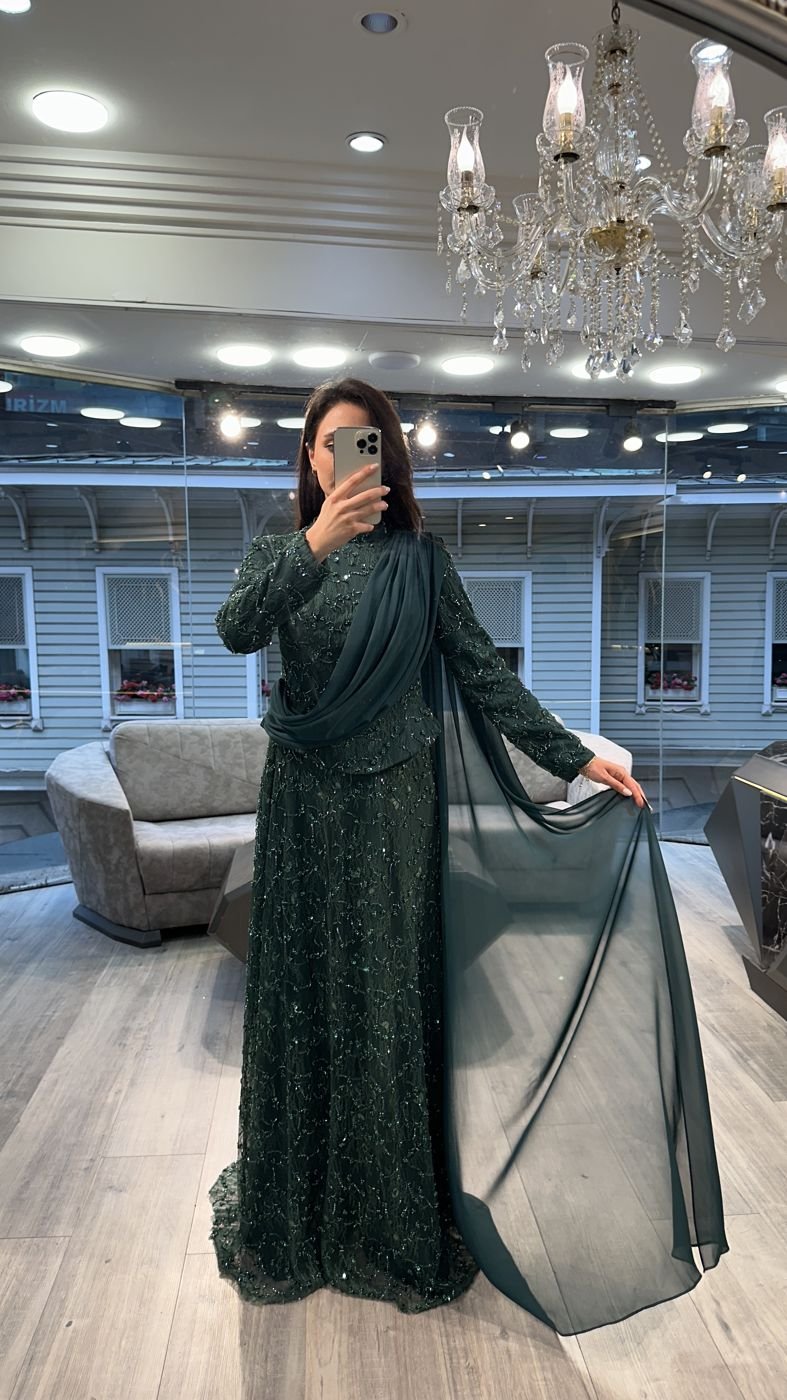 Emerald Green Sequin Long Sleeve Evening Dress With Draped Scarf