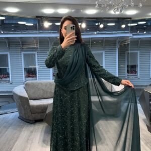 Emerald Green Sequin Long Sleeve Evening Dress With Draped Scarf Emerald Green Sequin Long Sleeve Evening Dress With Draped Scarf