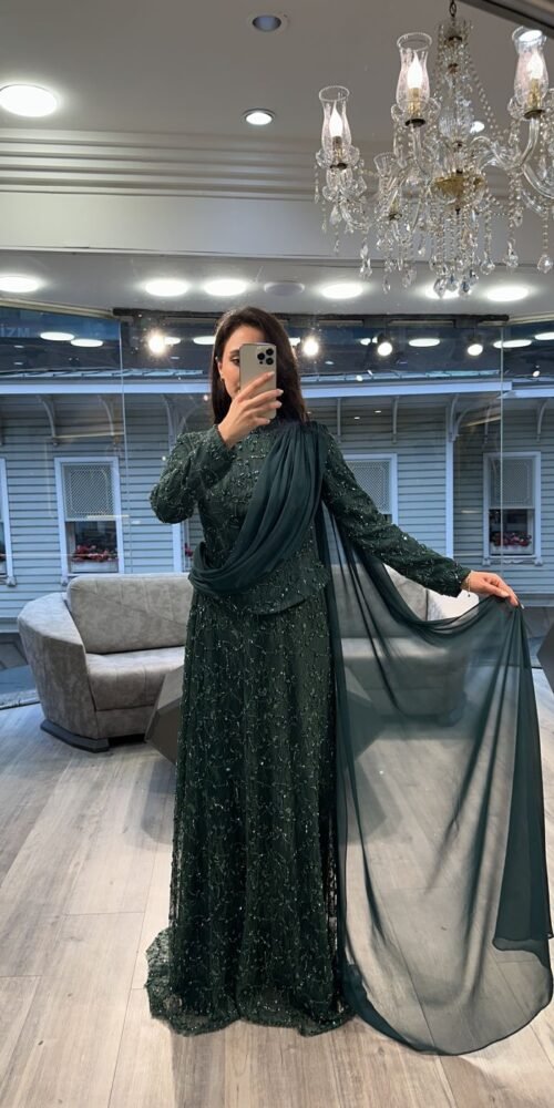 Emerald Green Sequin Long Sleeve Evening Dress With Draped Scarf