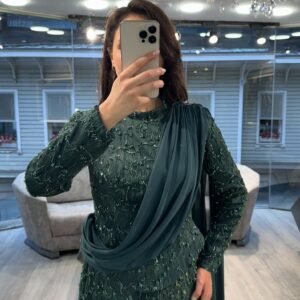 Emerald Green Sequin Long Sleeve Evening Dress With Draped Scarf Emerald Green Sequin Long Sleeve Evening Dress With Draped Scarf