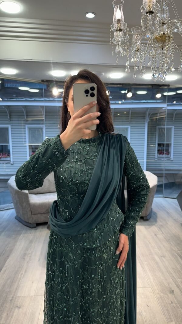 Emerald Green Sequin Long Sleeve Evening Dress With Draped Scarf Emerald Green Sequin Long Sleeve Evening Dress With Draped Scarf