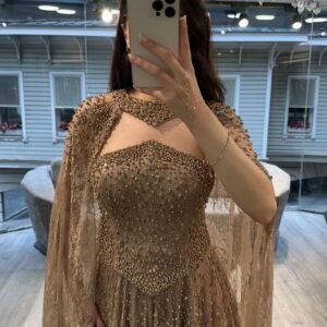 Gold Beaded Evening Gown With Sheer Cape Gold Beaded Evening Gown With Sheer Cape