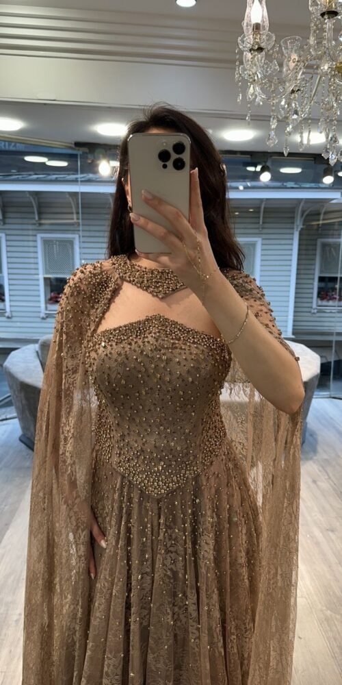 Gold Beaded Evening Gown With Sheer Cape