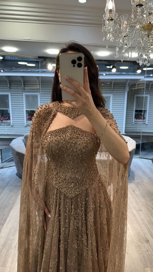 Gold Beaded Evening Gown With Sheer Cape Gold Beaded Evening Gown With Sheer Cape