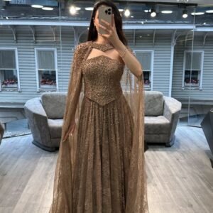 Gold Beaded Evening Gown With Sheer Cape Gold Beaded Evening Gown With Sheer Cape
