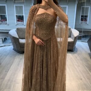 Gold Beaded Evening Gown With Sheer Cape Gold Beaded Evening Gown With Sheer Cape
