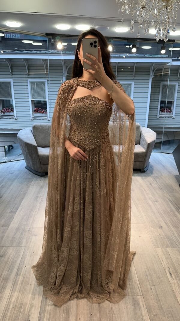 Gold Beaded Evening Gown With Sheer Cape Gold Beaded Evening Gown With Sheer Cape