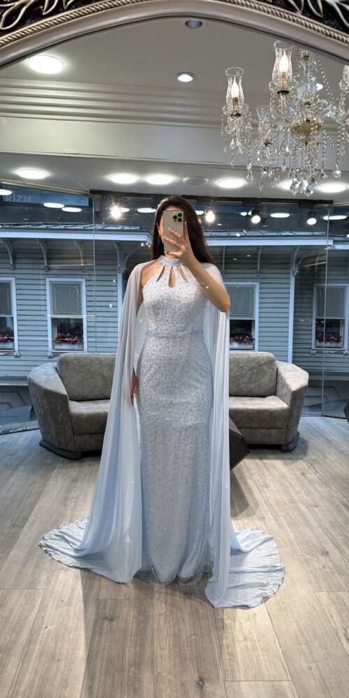 Ice Blue Cut Out Neck Sequin Mermaid Gown With Chiffon Cape