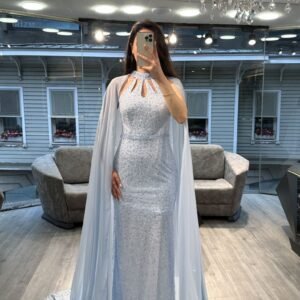 Ice Blue Cut Out Neck Sequin Mermaid Gown With Chiffon Cape
