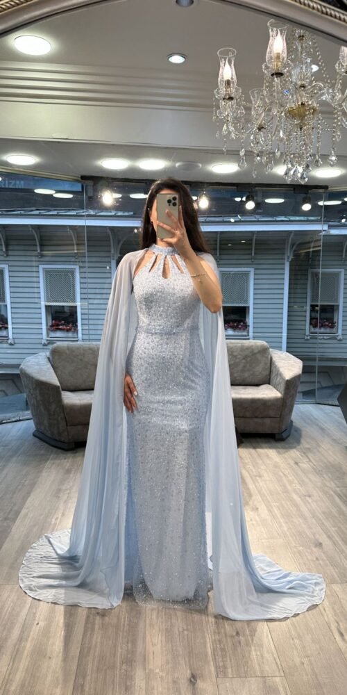 Ice Blue Cut Out Neck Sequin Mermaid Gown With Chiffon Cape
