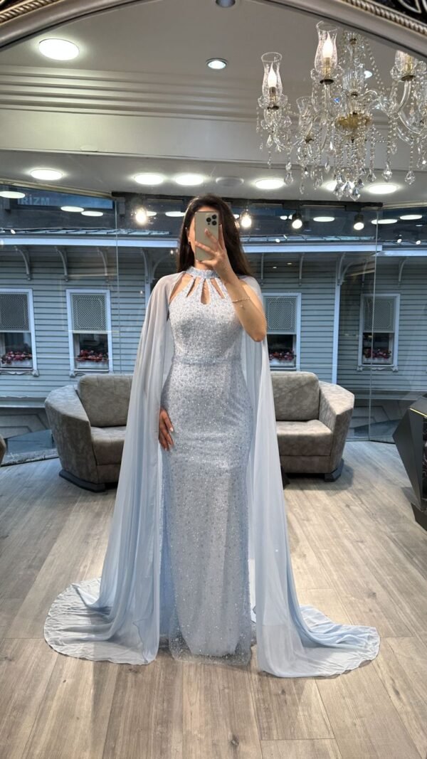 Ice Blue Cut Out Neck Sequin Mermaid Gown With Chiffon Cape