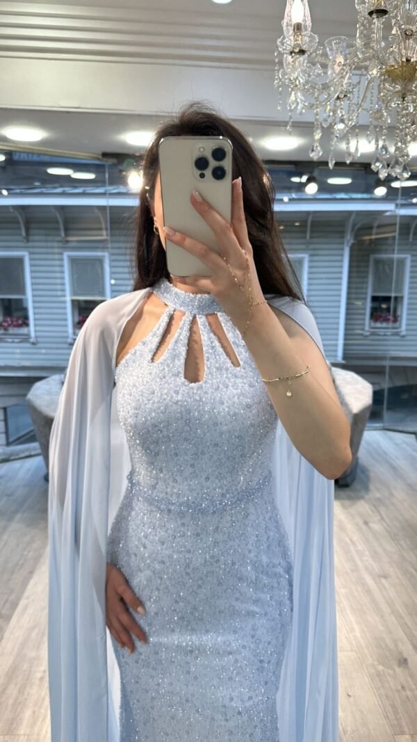 Ice Blue Cut Out Neck Sequin Mermaid Gown With Chiffon Cape