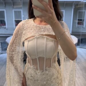 Ivory Corset Pearl Beaded Evening Gown With Cape