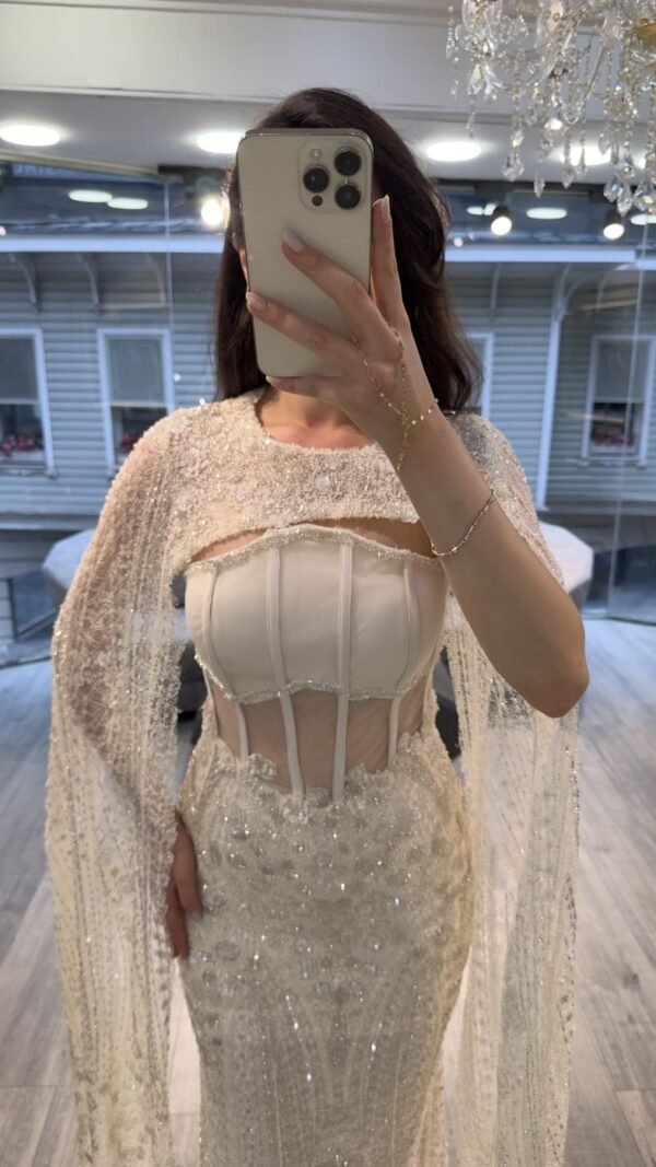 Ivory Corset Pearl Beaded Evening Gown With Cape