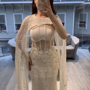 Ivory Corset Pearl Beaded Evening Gown With Cape