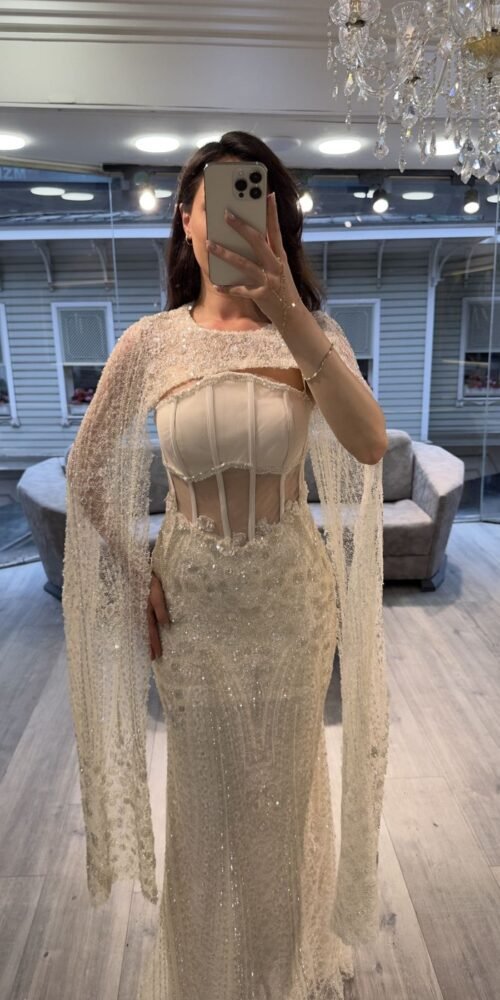 Ivory Corset Pearl Beaded Evening Gown With Cape
