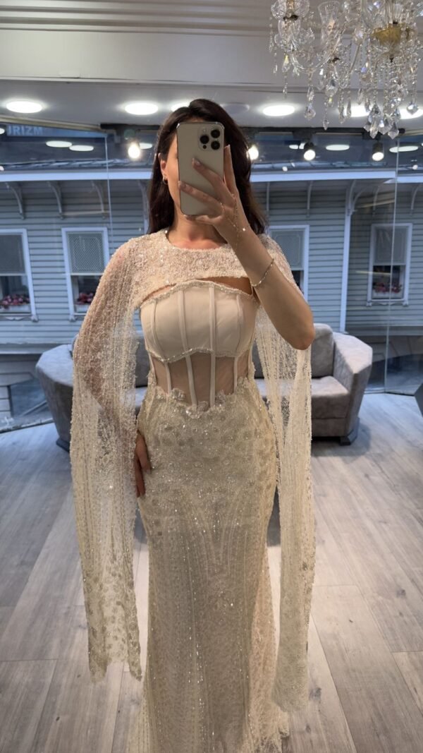 Ivory Corset Pearl Beaded Evening Gown With Cape