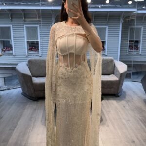 Ivory Corset Pearl Beaded Evening Gown With Cape