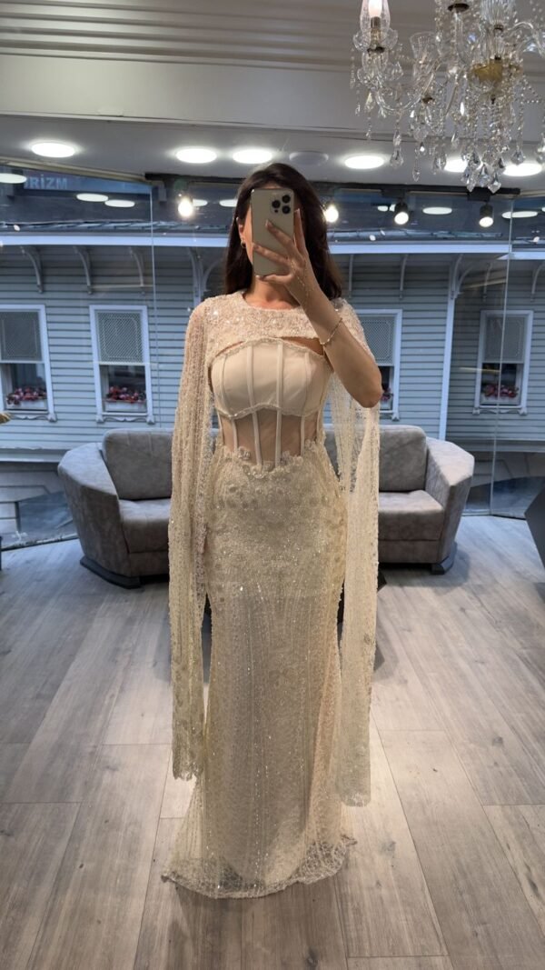 Ivory Corset Pearl Beaded Evening Gown With Cape