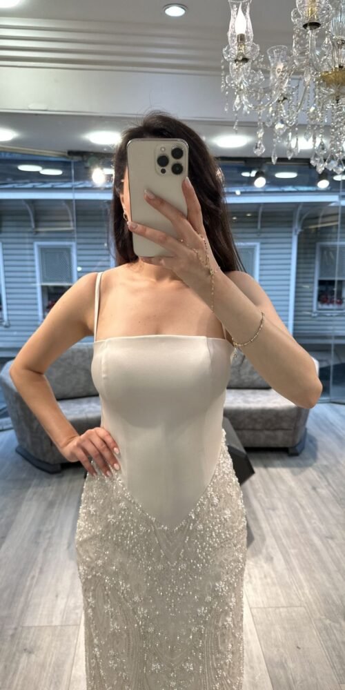 Ivory Satin Sequin Evening Dress With Beaded Cape