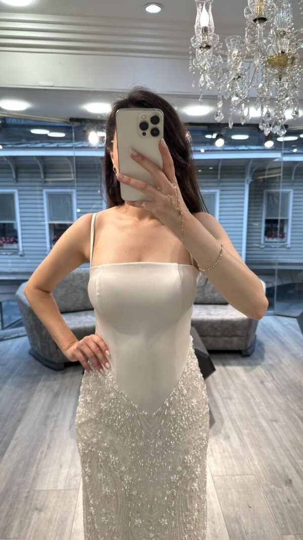 Ivory Satin Sequin Evening Dress With Beaded Cape