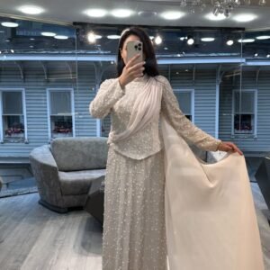 Ivory Sequin Long Sleeve Evening Dress With Draped Scarf Ivory Sequin Long Sleeve Evening Dress With Draped Scarf