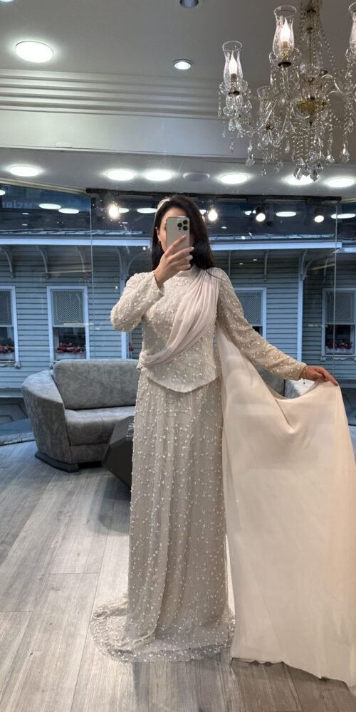 Ivory Sequin Long Sleeve Evening Dress With Draped Scarf