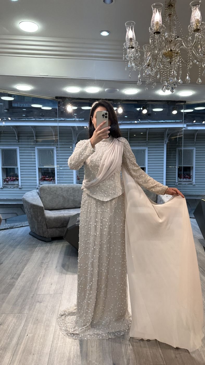 Ivory Sequin Long Sleeve Evening Dress With Draped Scarf