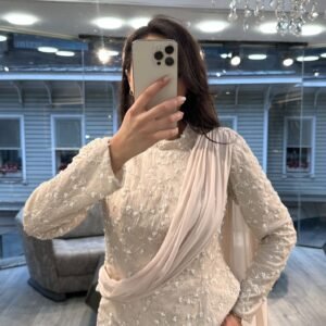 Ivory Sequin Long Sleeve Evening Dress With Draped Scarf Ivory Sequin Long Sleeve Evening Dress With Draped Scarf