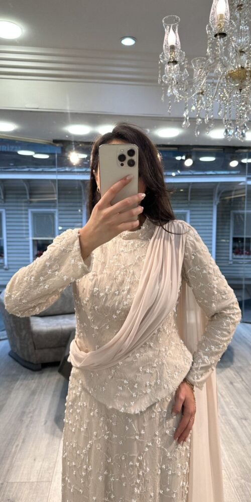 Ivory Sequin Long Sleeve Evening Dress With Draped Scarf