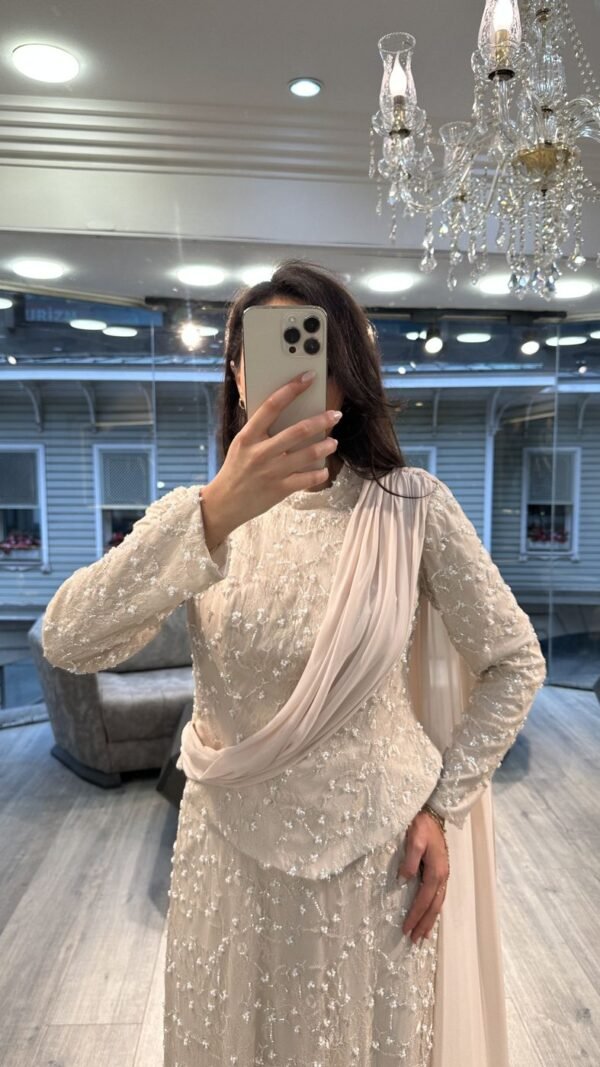 Ivory Sequin Long Sleeve Evening Dress With Draped Scarf Ivory Sequin Long Sleeve Evening Dress With Draped Scarf