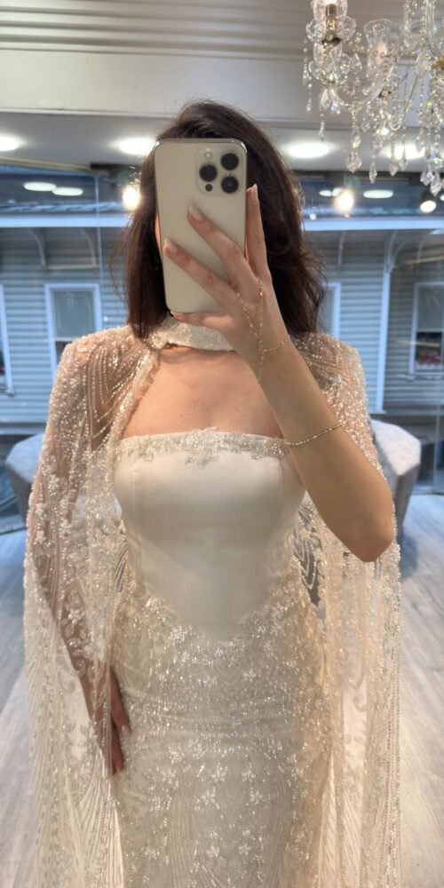 Ivory Strapless Embellished Evening Gown With Beaded Cape Ivory Strapless Embellished Evening Gown With Beaded Cape