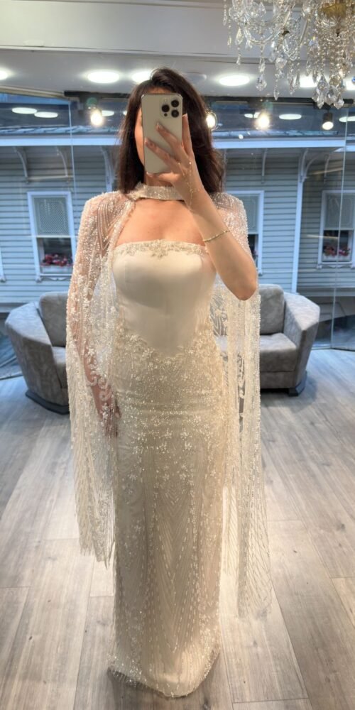 Ivory Strapless Embellished Evening Gown With Beaded Cape