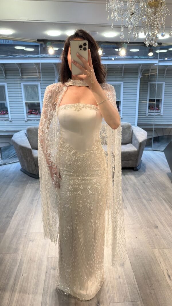 Ivory Strapless Embellished Evening Gown With Beaded Cape Ivory Strapless Embellished Evening Gown With Beaded Cape