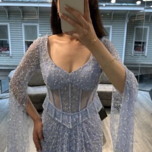 Lavender Blue Sweetheart Corset Beaded Evening Gown With Sheer Sleeves