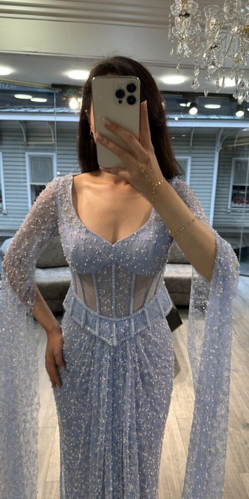 Lavender Blue Sweetheart Corset Beaded Evening Gown With Sheer Sleeves