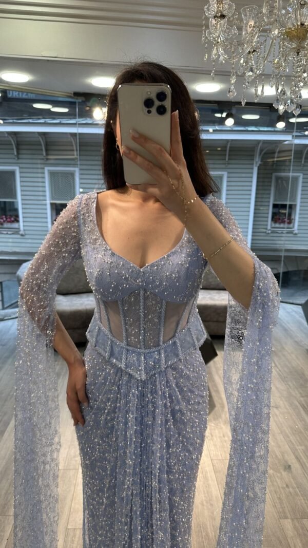 Lavender Blue Sweetheart Corset Beaded Evening Gown With Sheer Sleeves