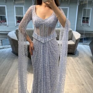 Lavender Blue Sweetheart Corset Beaded Evening Gown With Sheer Sleeves