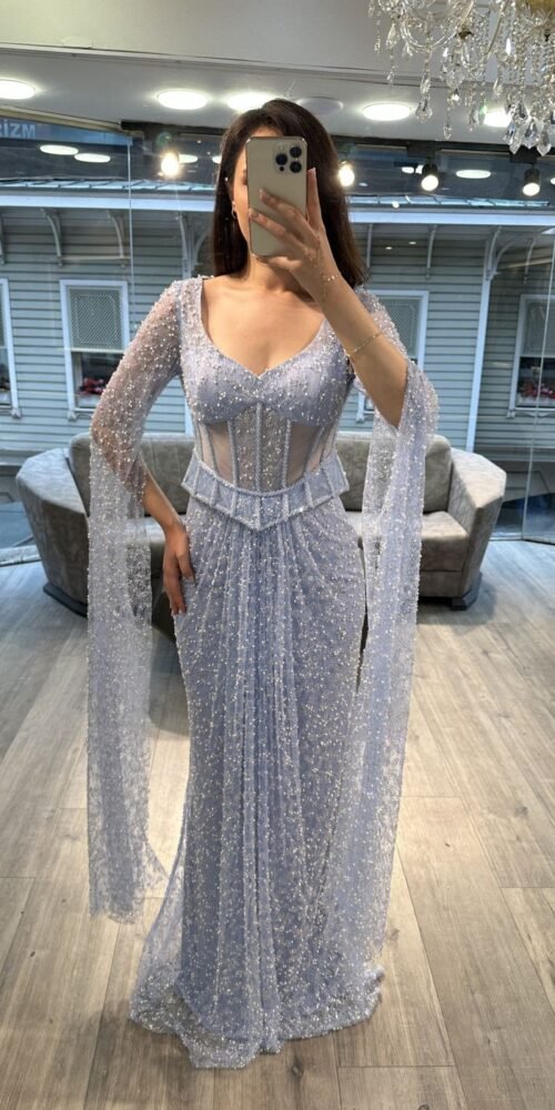 Lavender Blue Sweetheart Corset Beaded Evening Gown With Sheer Sleeves