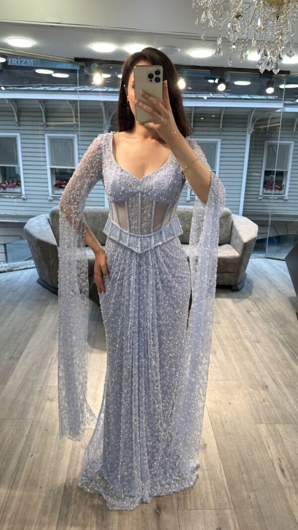 Lavender Blue Sweetheart Corset Beaded Evening Gown With Sheer Sleeves