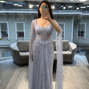 Lavender Blue Sweetheart Corset Beaded Evening Gown With Sheer Sleeves