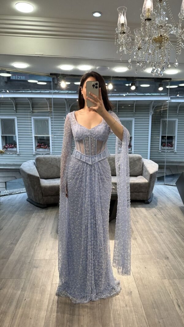 Lavender Blue Sweetheart Corset Beaded Evening Gown With Sheer Sleeves