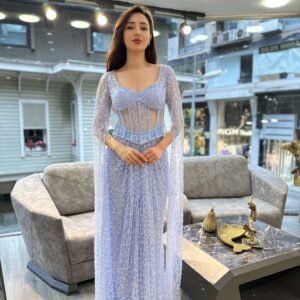 Lavender Blue Sweetheart Corset Beaded Evening Gown With Sheer Sleeves