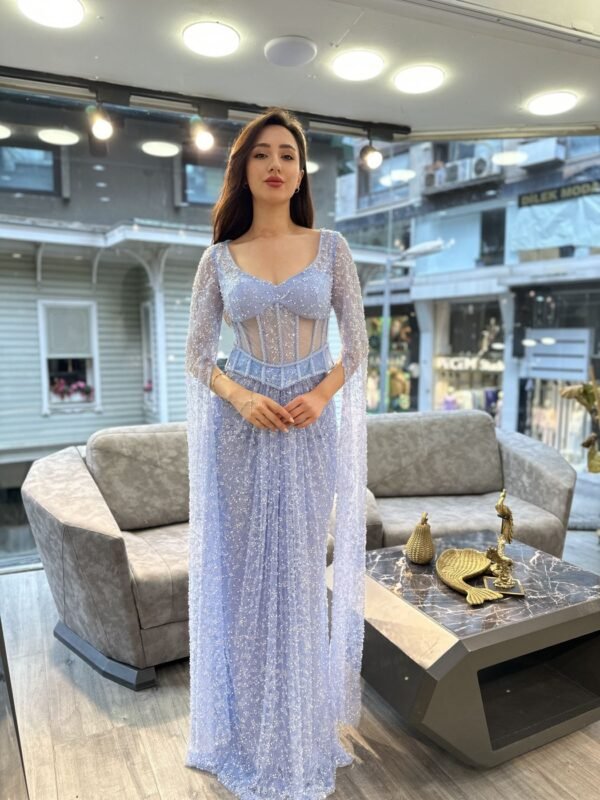 Lavender Blue Sweetheart Corset Beaded Evening Gown With Sheer Sleeves