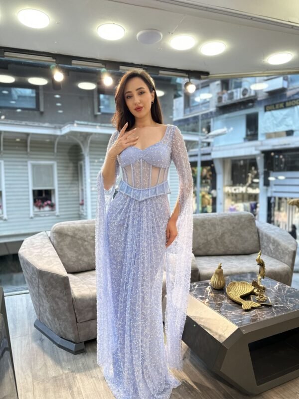 Lavender Blue Sweetheart Corset Beaded Evening Gown With Sheer Sleeves